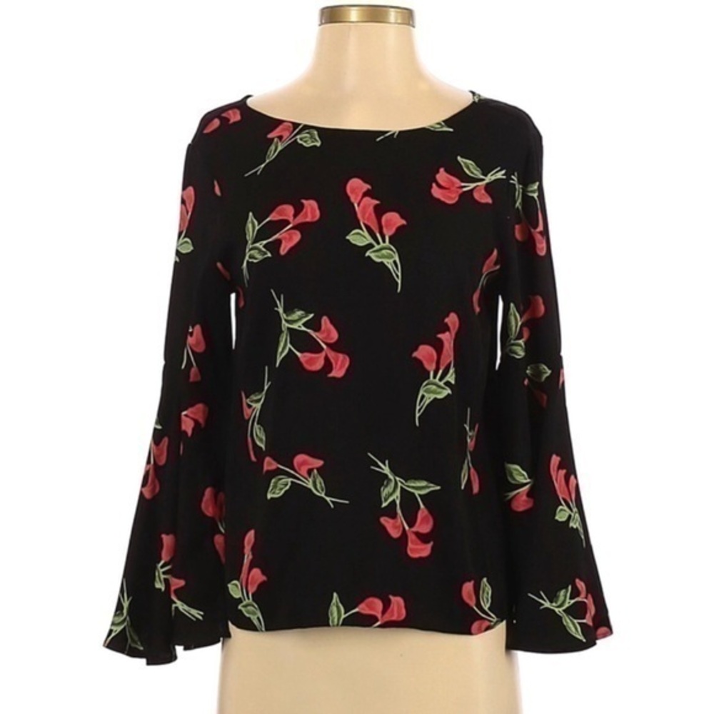 Carmen Marc Valvo Black Floral Bell-Sleeve Blouse with Red and Green Print